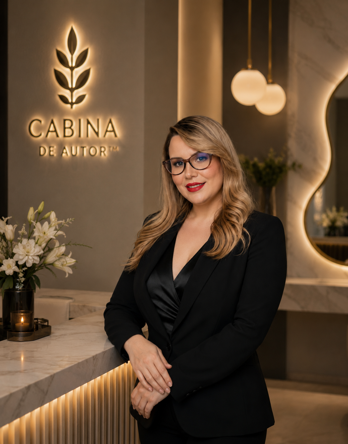 Profesional de belleza en una cabina boutique de lujo, ambiente cálido y editorial